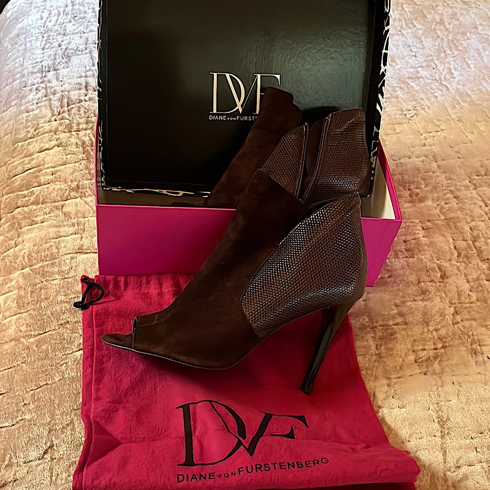 DVF brown suede and croc leather booties.